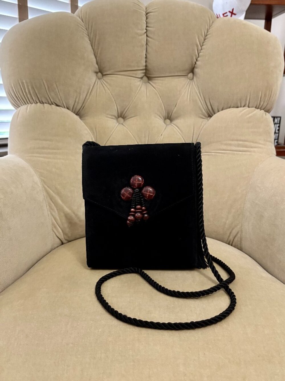 VTG Auth FIORUCCI Italy Black Suede Wood Beaded ICONIC Crossbody Box Bag
